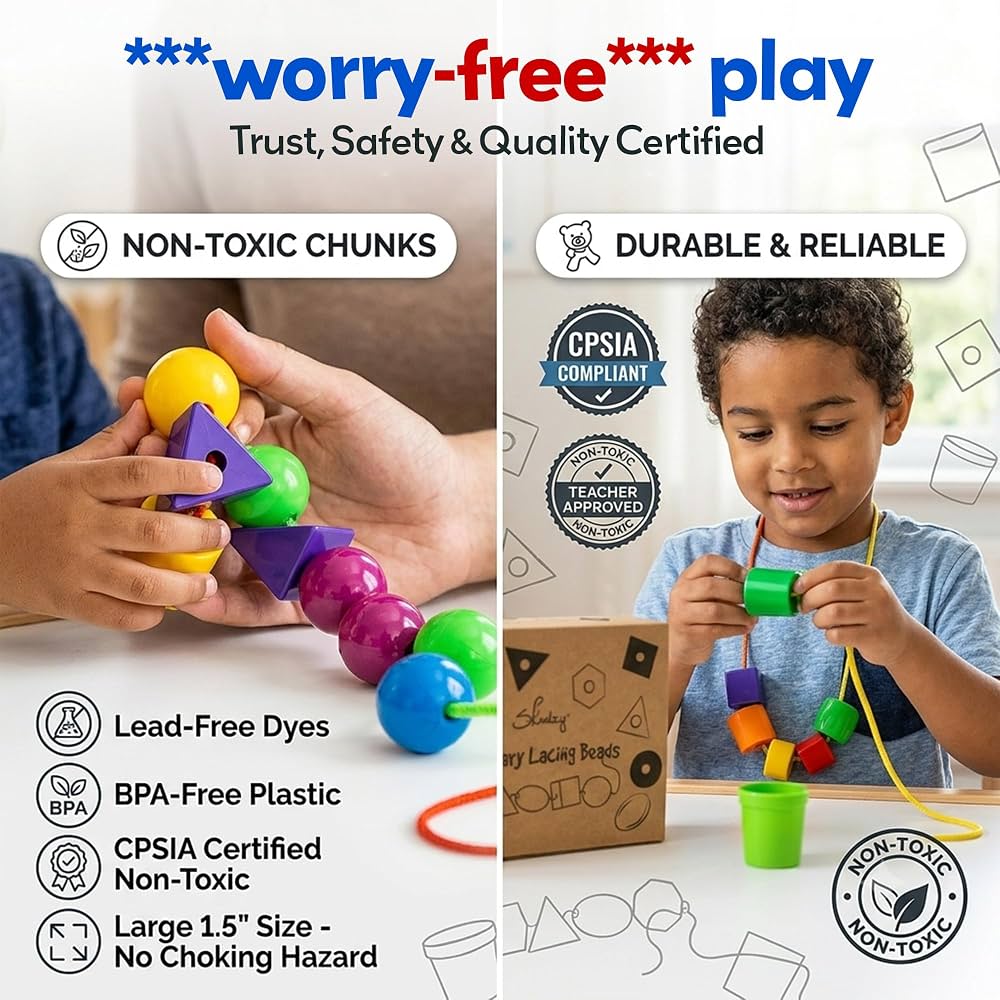 Geometric Wooden Lacing & Threading Beads Set (Shapes & Colors) by Abley's