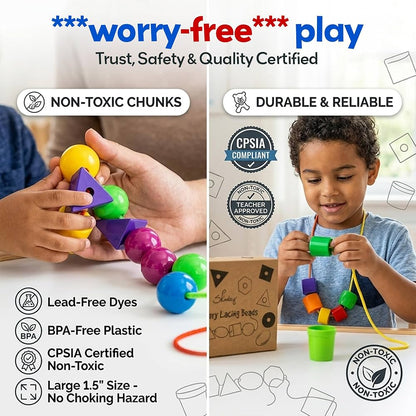 Geometric Wooden Lacing & Threading Beads Set (Shapes & Colors) by Abley's