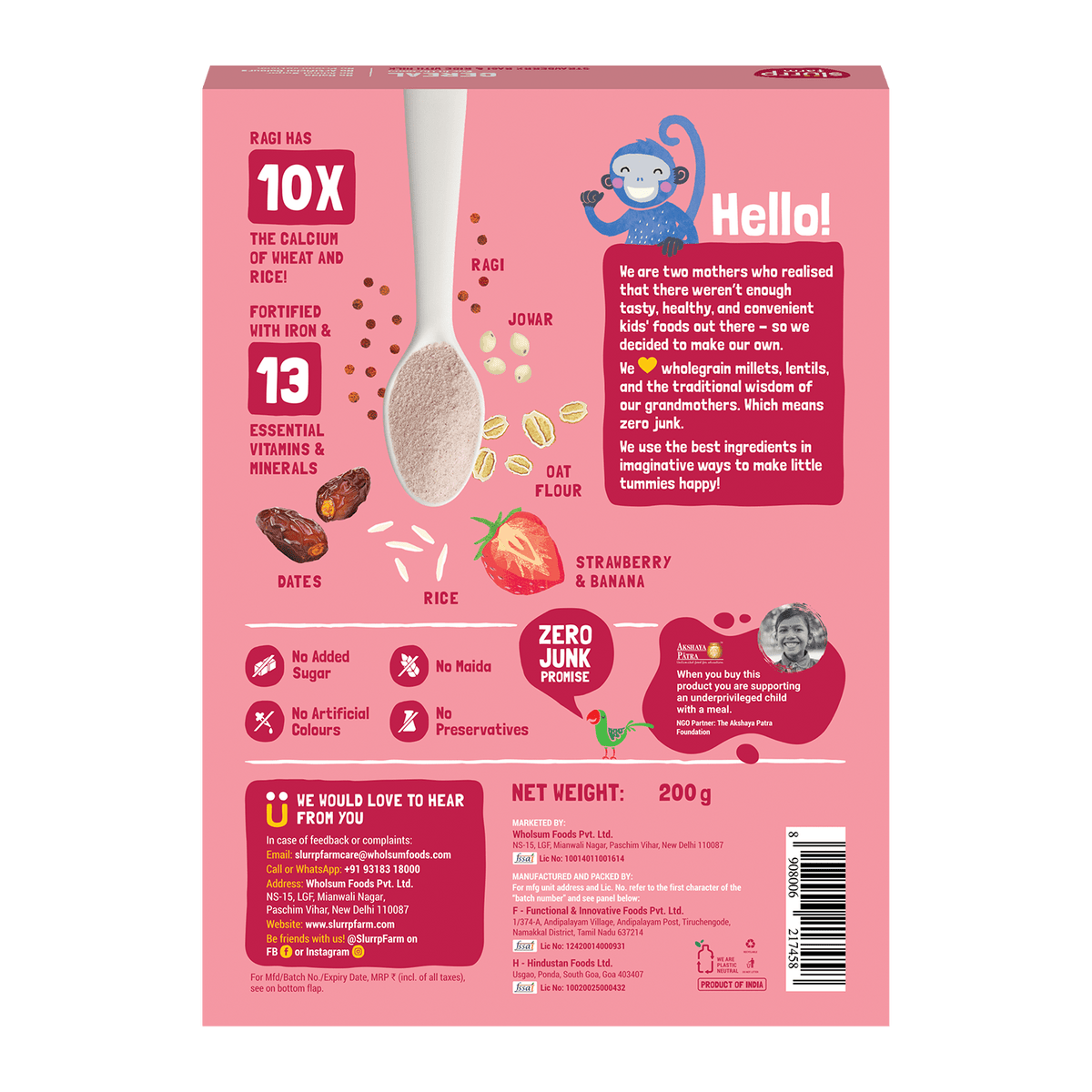 Slurrp Farm Cereal - Ragi, Rice and Strawberry with Milk